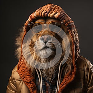 Funny Lion In Hooded Jacket And Sunglasses - Vray Tracing And Caninecore Style