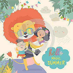 Funny lion hugging children. Hello adventures.Magic summer