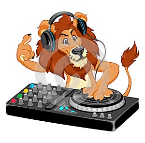 Funny lion playing music with a DJ console and headphones