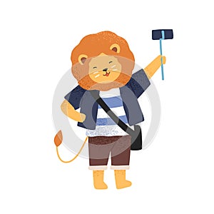 Funny lion taking photo or video holding selfie stick monopod vector flat illustration. Smiling childish animal traveler