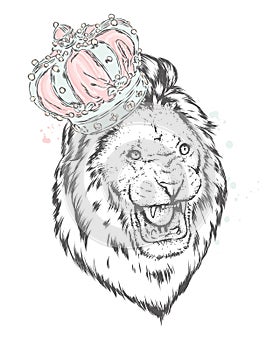 Funny lion wearing a crown. Vector illustration. Print for cards, posters or clothes.