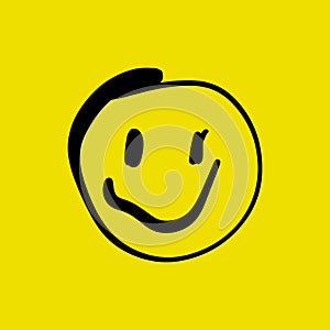 Funny liquid melt groovy cartoon smiley, psychedelic surreal smile emoji melting face isolated on yellow background