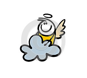 Funny little angel with halo and wings sitting on heaven cloud. Vector illustration of fantastic religion.