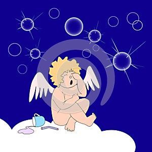 Funny little angel weep over soap-bubbles