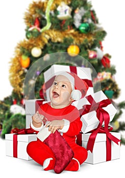 Funny Little baby Santa Claus with Christmas gifts on white