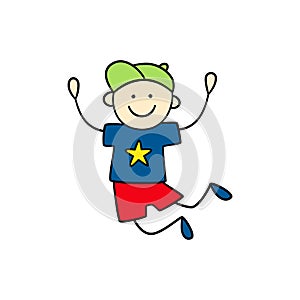 Funny little boy in the baseball cap jumps. Cute kid drawing. Hand drawn vector illustration