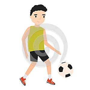 Funny little boy dressed in sportswear playing football or soccer isolated on white background. Sports game, physical