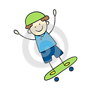 Funny little boy in a helmet rides a skateboard. Cute kid drawing.