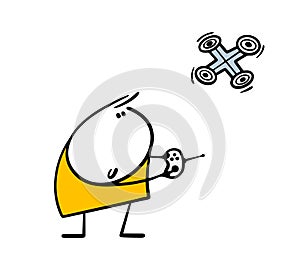 Funny little boy holds a remote control from a quadcopter and launches a flying device into the sky. Vector illustration