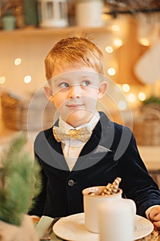 a funny little boy in a jacket and bow tie