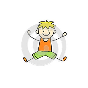 Funny little boy jumps. Cute kid drawing. Hand drawn vector illustration