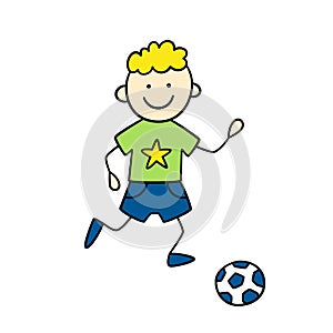 Funny little boy playing ball. Cute kid drawing. Hand drawn vector illustration in doodle style