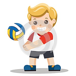 Funny little boy playing volley ball.