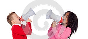 Funny little boy shouting through a megaphone to his friend.