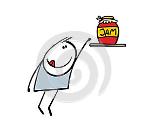 Funny little boy stands on tiptoe, pulls his hand to the top shelf. Glass jar of red berry jam stands high. Vector