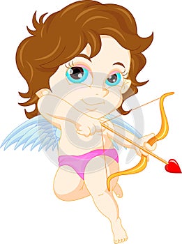 Funny little cupid girl aiming at someone