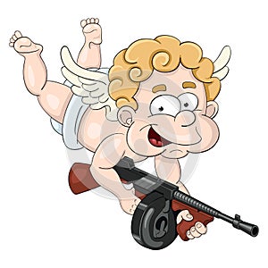 Funny little cupid with submachine gun