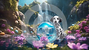 funny little Dalmatian puppy in front of a water fall with a waterfall reflected in a crystal ball