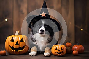 Funny little dog in a hat sitting next to a pumpkin, Halloween, thanksgiving concept