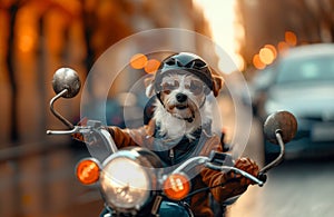 Funny little dog in a helmet and sunglasses rides a motorcycle through the streets of the city