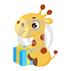 Funny little giraffe sitting with gift box. Cute cartoon character for print, greeting cards, baby shower, invitation, wallpapers