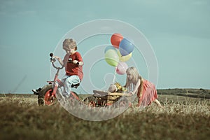 Funny little girl and boy. Copy space. Happy kids smiling and having fun. Little kid outdoor. Emotional child. Happy