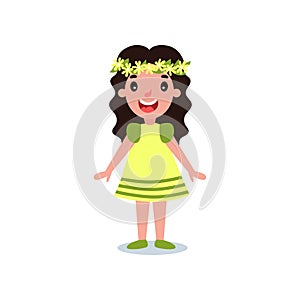 Funny little girl dressed in yellow dress with green stripes. Cartoon child character with flower wreath on head. Spring