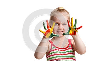 Funny little girl with hands painted in colorful paint. Isolated