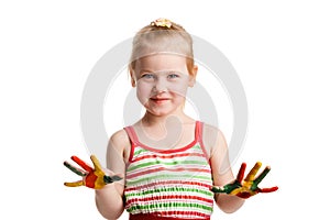 Funny little girl with hands painted in colorful paint. Isolated