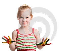 Funny little girl with hands painted in colorful paint. Isolated