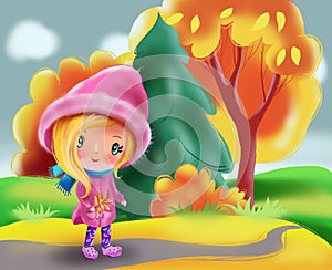 Funny little girl in a jacket and a hood in the autumn forest