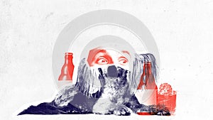 Funny little girl with male eyes looking at beer bottles against light background. Contemporary art collage.