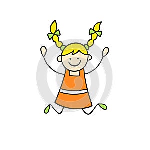 Funny little girl with pigtails jumps. Cute kid drawing. Hand drawn vector illustration