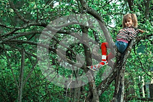 Funny little girl posing on a tree in the green garden.
