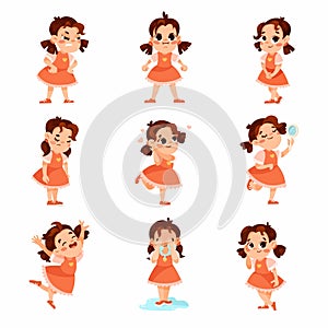 Funny Little Girl in Red Dress Expressing Different Emotion Vector Set