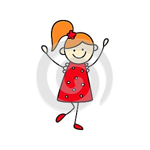 Funny little girl in a red dress with her hands up. Cute kid drawing