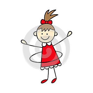 Funny little girl twists the hoop. Cute kid drawing. Hand drawn vector illustration in doodle style