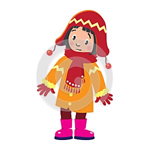 Funny little girl in winter clothes. Children