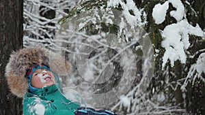 Funny Little Kid Playing Touches Branch Of Christmas Tree And Snow Falls On Face