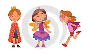 Funny Little Kid Wearing Carnival and Party Costume Vector Set