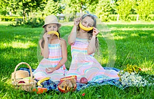 Funny little kids make sad and happy smiley emoticons with banana fruit at picnic on green grass on sunny summer