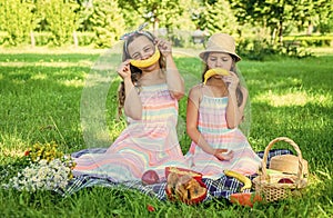 Funny little kids make sad and happy smiley emoticons with banana fruit at picnic on green grass on sunny summer