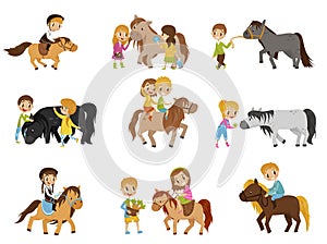 Funny little kids riding ponies and taking care of their horses set, equestrian sport, vector Illustrations