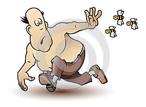 Funny little men. Frightened man runs away from bees