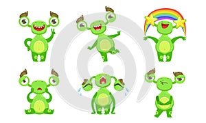 Funny Little Monster with Different Emotions Set, Cute Green Mutant Cartoon Character Vector Illustration