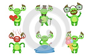 Funny Little Monster with Various Emotions Set, Green Mutant Cartoon Character in Different Situations Vector