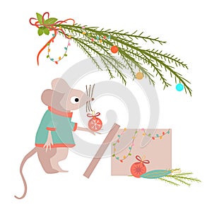 Funny little mouse in clothes near a gift box with a garland and Christmas balls. Set of holiday elements: Xmas tree branch,