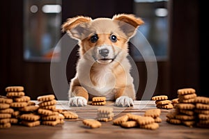 Funny Little Pup by the Wooden Table with a Book