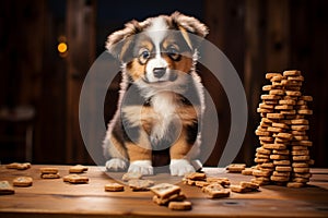 Funny Little Pup by the Wooden Table with a Book