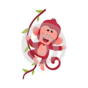 Funny Little Red Monkey Hanging On Tree Vector Illustration Cartoon Character